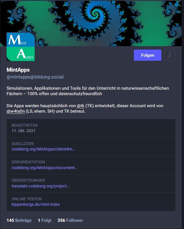 Bildbeschreibung: Fediverse-Profil der MintApps auf Bildung.social
