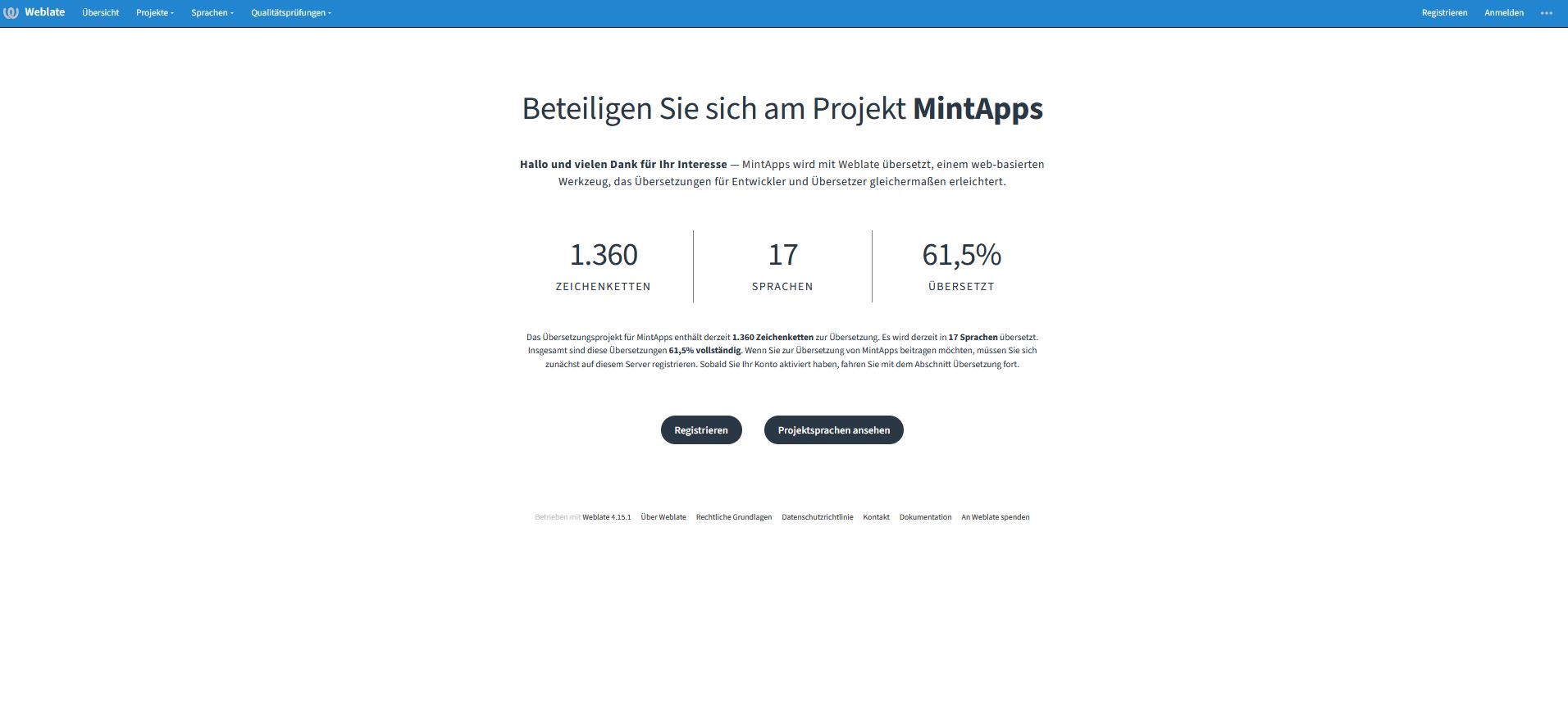 Bildbeschreibung: Übersicht der MintApps-Sprchen im Übersetzungstool Weblate, Stand 05. Februar 2023 